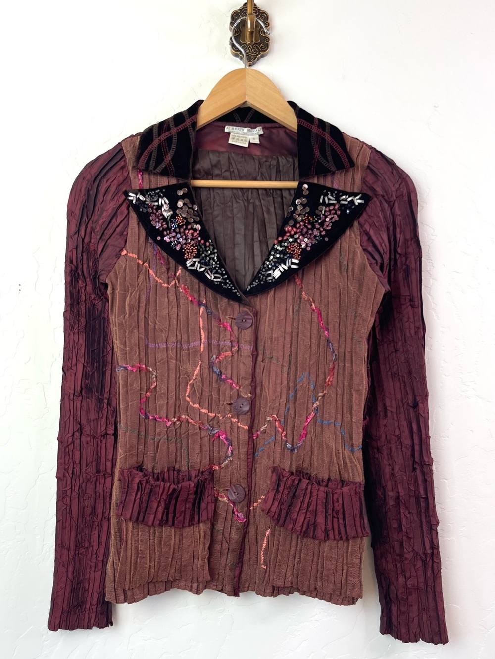Alberto Makali Vintage Beaded Sequin Accordion Pleat Velvet Couture Jacket Small